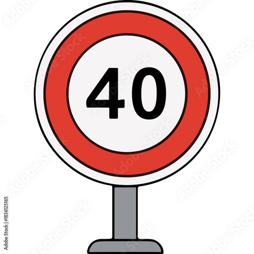 Circular Red Border Speed Limit Sign Indicating 40 Kilometers Per Hour on a Metal Pole Against a Black Background