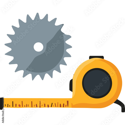 Circular Saw Blade and Yellow Tape Measure Tool Illustration Set on a Black Background for Construction and DIY Projects