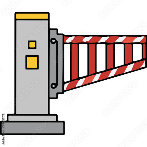 Cartoon Barrier Gate with Red and White striped arm and gray post on black background cartoon illustration