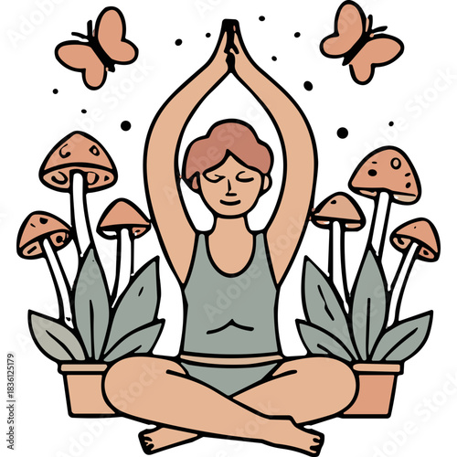 Calm Person Meditating In Lotus Pose Surrounded By Plants Mushrooms And Butterflies Nature Serenity Zen Atmosphere And Tranquil Mindset