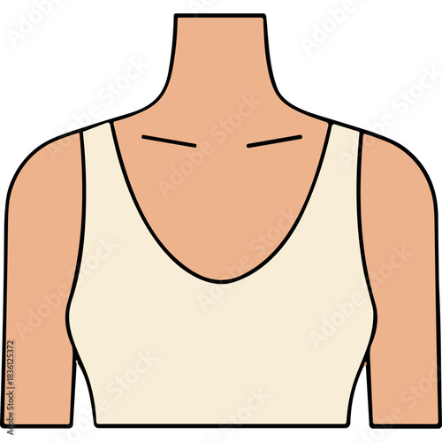 Close up of a Person's Neck and Shoulders Wearing a Cream Colored Tank Top with Subtle Markings on the Collarbone Area Against a Black Background