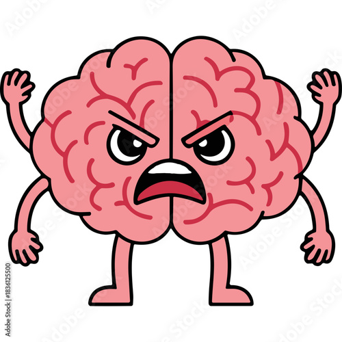 Cartoon Pink Brain Character Expressing Anger With Fists Raised and Gritted Teeth Isolated on Black Background.