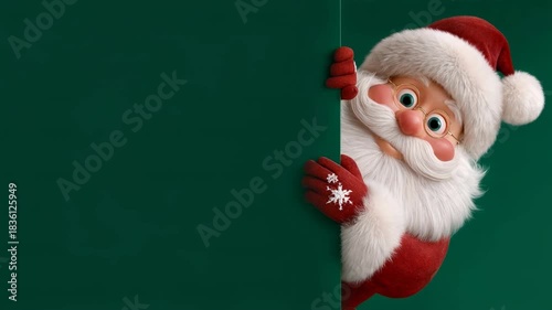 Adorable cartoon Santa leans from opposite side of green panel with red mittens raised offering friendly christmas frame and open space for joyful seasonal text or offers