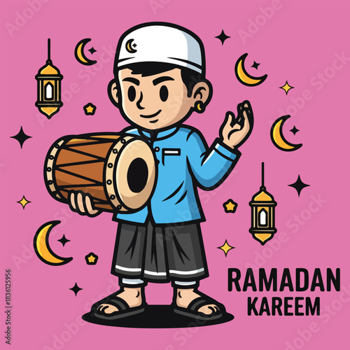 Character mascot holding an Islamic duff drum and Ramadan decorations
