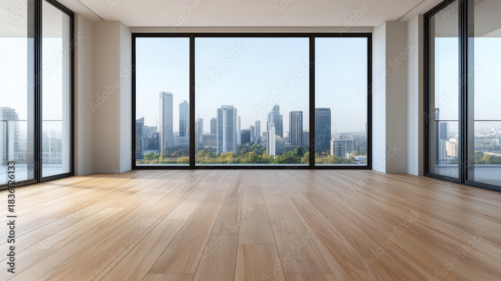 Obraz premium Spacious empty modern apartment with hardwood floor and skyline view, bright and serene