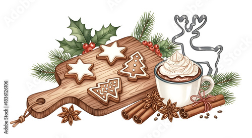 Festive Gingerbread and Hot Cocoa Scene