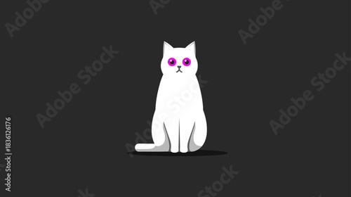 Cute minimalist white cat with striking glowing pink eyes against a dark background, a simple graphic illustration of a domestic feline.