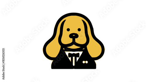 Stylized yellow dog wearing a formal black tuxedo and bow tie, elegant pet illustration, cute animal character graphic design