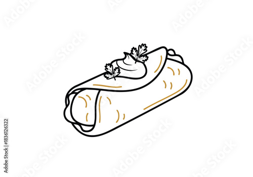 Delicious burrito illustration with creamy sauce and fresh garnish, perfect for enticing customers with appetizing food concepts and culinary adventures