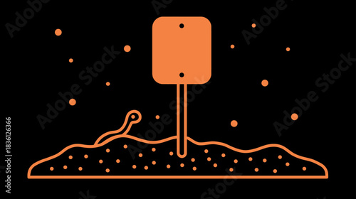 Minimalist orange line art illustration of a signpost planted in dark ground with a worm emerging, dotted background, abstract concept.