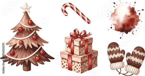 Vector Illustration Artwork Cozy Brown and Red Christmas Holiday Elements Collection