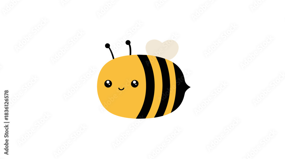 Obraz premium Cute cartoon bee illustration, adorable happy flying insect with yellow and black stripes, smiling kawaii character for kids design