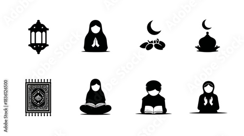 Islamic Culture and Religion Vector Icon Set. Muslim Symbols, Ramadan Silhouettes: Lantern, Prayer Rug, Praying Figures, Moon, Dates.