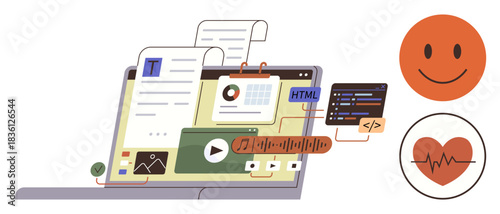 Laptop with document pages, graphics, multimedia, HTML codes, and health symbols combining technology, programming, learning, and well-being. Ideal for education productivity creativity health