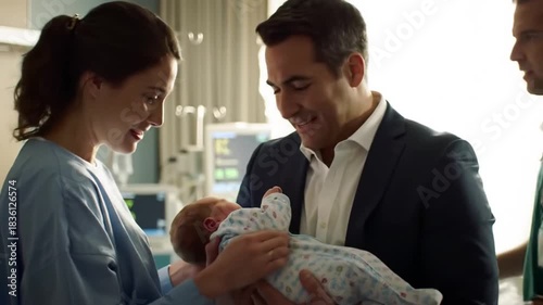 Happy parents holding newborn baby in a hospital room with medical equipment