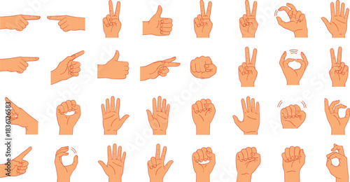 Large Collection of Human Hand Gestures Vector Set, Including Pointing, Thumbs Up, Peace Sign, and Fist, Ideal for Communication, Sign Language, and Interaction Concepts.