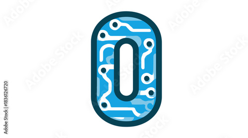 Abstract digital number zero icon with circuit board pattern. Futuristic technology and electronic data concept illustration.