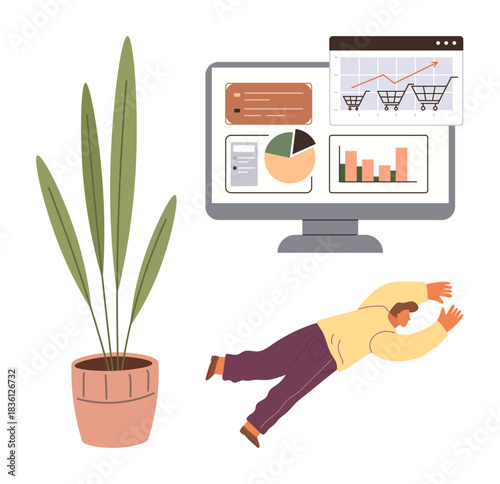 Man falling near screen displaying charts, graphs, and shopping cart analytics tall potted plant nearby. Ideal for risk, failure, data analysis, e-commerce, stress, business challenges simple flat