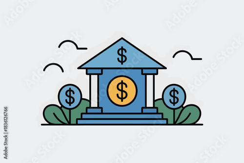 Bank building vector illustration minimalist flat design with dollar signs financial institution icon for web and mobile apps