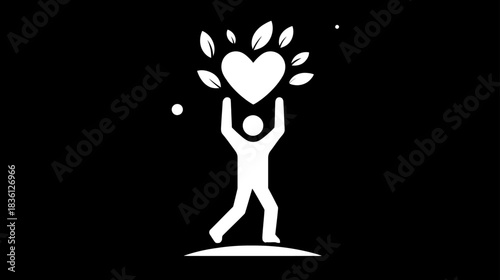 Care for Nature Icon: Human silhouette holding a heart with leaves, symbolizing environmental protection, health, and well-being.