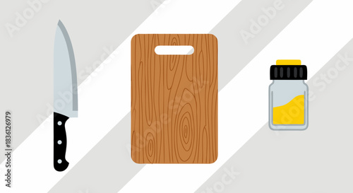 A flat lay illustration of kitchen essentials including a knife, cutting board, and spice shaker, set against a striped background.