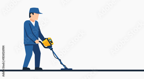 A man in a blue uniform using a metal detector to search for buried objects or pipes.