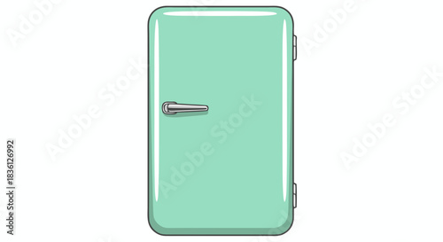 A retro-style mint green refrigerator door with a silver handle and hinges, isolated on a white background.