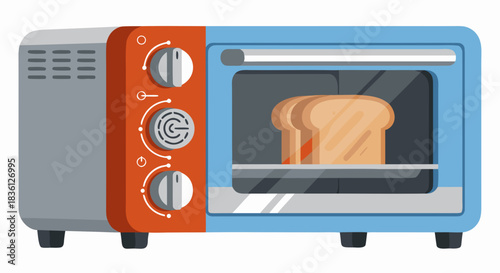 A blue and grey toaster oven with two slices of bread inside, ready to be toasted.