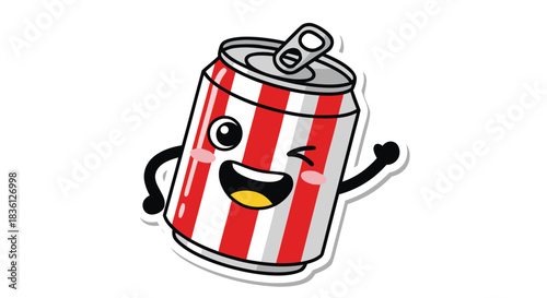 A cute cartoon soda can character with red and white stripes, winking and waving.