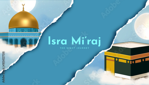 Isra Miraj 2026 Illustration Featuring Golden Dome and Kaaba with Torn Paper Design and Cloudy Sky Background