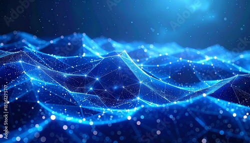 Abstract digital wave of glowing blue interconnected points and lines, representing data flow and network connections in a futuristic technological concept