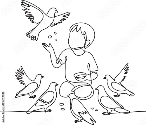 Continuous Line Art Illustration of a Child Tossing Crumbs Surrounded by Pigeons in Soft Hand Drawn Contour