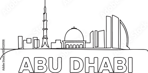 Continuous line illustration of the Abu Dhabi skyline with the Louvre dome in a minimal elegant outline drawing