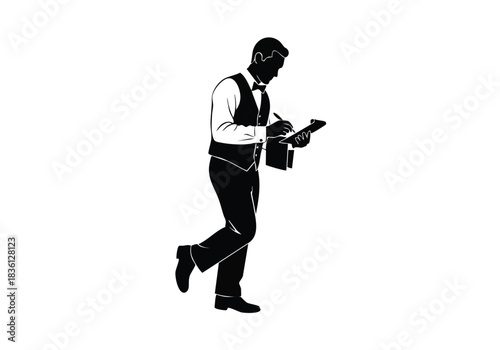 Elegant waiter taking order, perfect for restaurant promotions or event planning services that want to project sophistication and high-quality hospitality