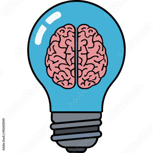 Conceptual light bulb containing a pink human brain symbolizing creativity and intelligence on a black background with blue glass and metal base