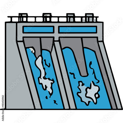 Concrete Dam Structure with Flowing Water Energy Generation Infrastructure Blue Water Gray Concrete Detailed Illustration