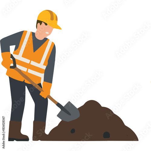 Construction worker wearing hard hat and safety vest digging dirt pile with shovel outdoors during daytime
