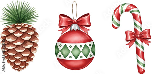 Vector Illustration Festive Christmas Decorations Collection Pinecone, Ornament, and Candy Cane