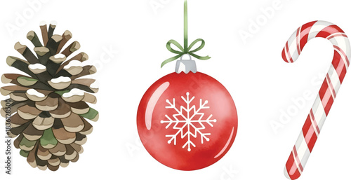 Vector Illustration Christmas Watercolor Set Pinecone, Bauble, Candy Cane