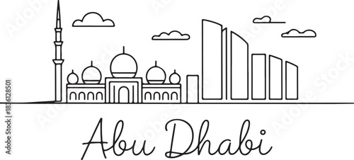 Continuous line illustration of the Abu Dhabi skyline with mosque domes and city blocks in a minimal elegant outline drawing
