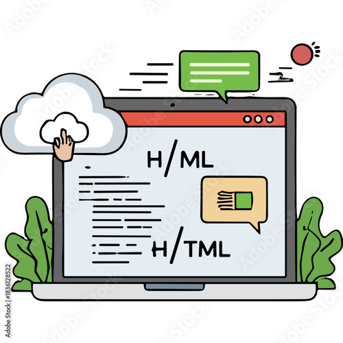 Conceptual Illustration of HTML and HTML5 Coding on a Laptop Screen with Cloud Computing Icon and Green Speech Bubbles White Background