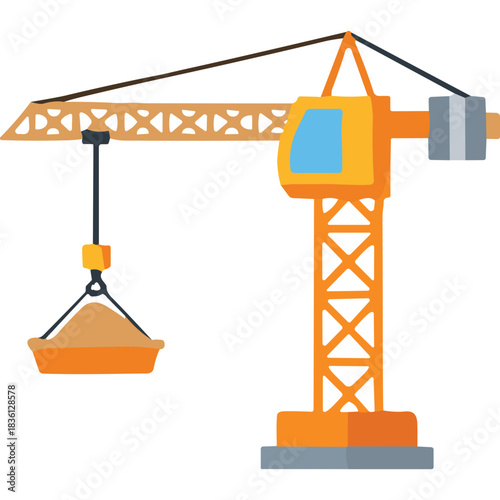 Construction Crane Lifting Sand In A Bucket On A Black Background Industrial Equipment For Building Sites Yellow Orange And Blue Colors With Geometric Shapes And Simple Flat Design Illustration