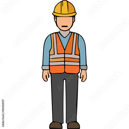Construction Worker Standing In Safety Vest and Hard Hat Wearing Blue Shirt Gray Pants and Brown Shoes Isolated On Black Background Full Body Shot