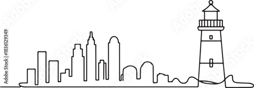 Continuous line illustration of the Accra skyline with the Jamestown lighthouse in a minimal elegant outline drawing