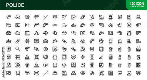 Police line icon set – Professional law enforcement symbols in crisp vector outline style