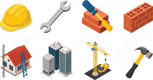 Isometric construction icon set featuring hard hat tools bricks buildings crane house and equipment for engineering architecture development and industrial projects illustration