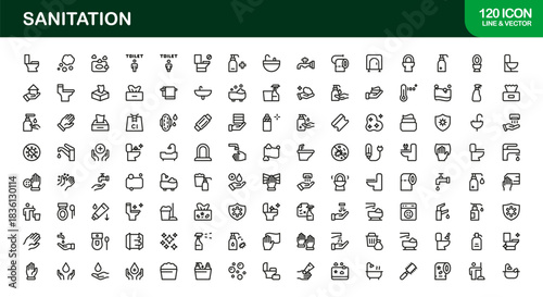 Sanitation Essentials Line Icon Collection – Professional Vector Icon Set for Cleanliness and Hygiene