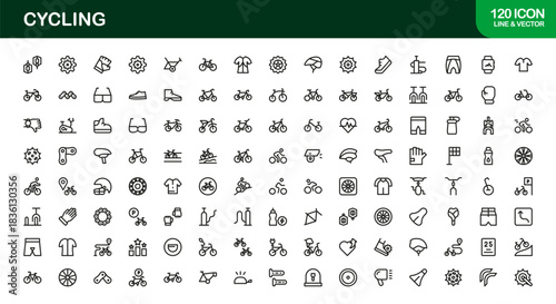Cycling essentials line icon set featuring minimal, stylish, and versatile illustrations of biking, gear, helmets, and sports accessories