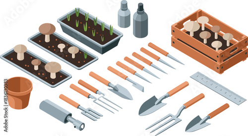 Isometric illustration of gardening tools seed trays mushroom cultivation containers spray bottles trowels forks pots and equipment for planting growing seedlings