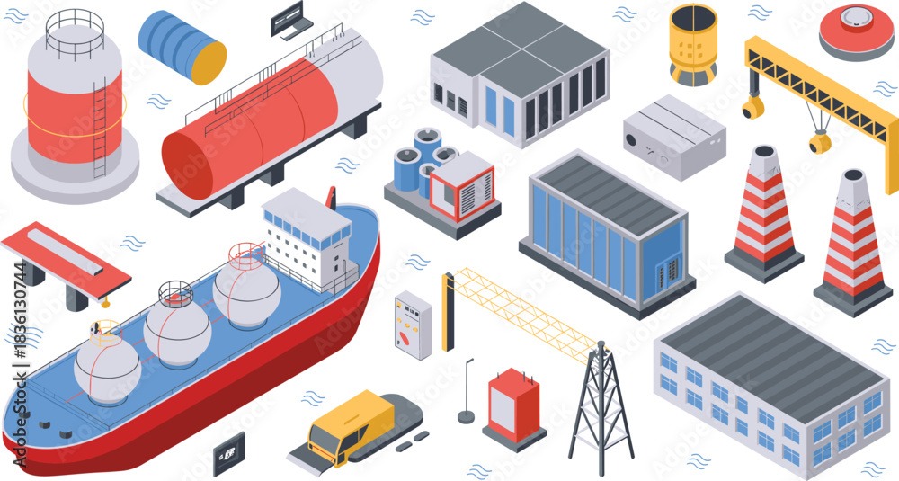 Obraz premium Isometric illustration of gas energy facilities including LNG ship storage tanks industrial buildings pipelines machinery control panels and offshore structures for industry